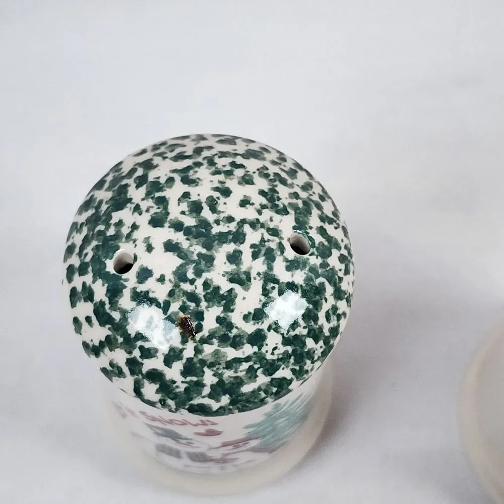 Let It Snow Snowman Ceramic Salt and Pepper Shaker Set Green Speckled Top